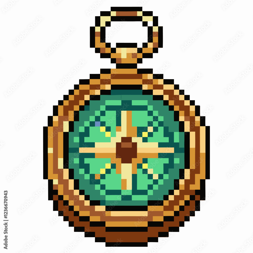 Obraz premium Pixel art of a vintage compass with green and gold design, retro style, navigation, exploration theme
