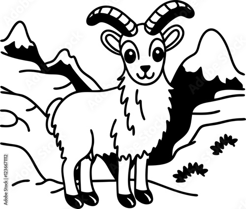 Mountain goat illustration in alpine landscape, wildlife art, nature, black and white line drawing