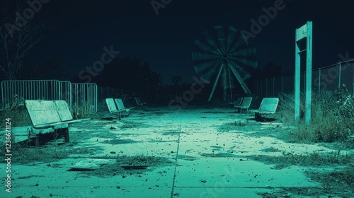Abandoned Amusement Park at Night with Overgrown Path and Benches