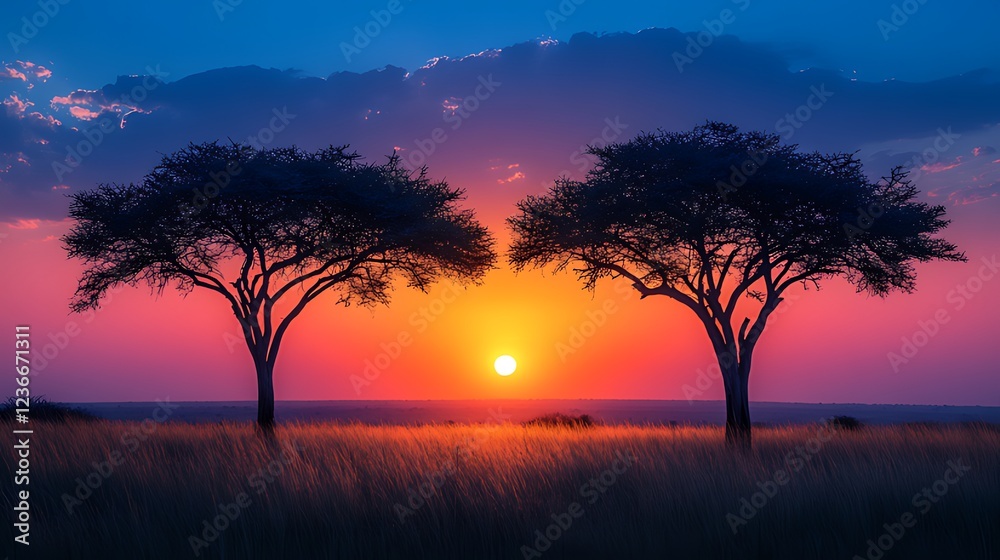 Vibrant sunset silhouettes two acacia trees in savanna grassland. Vibrant sunset silhouettes two acacia trees in savanna grassland.