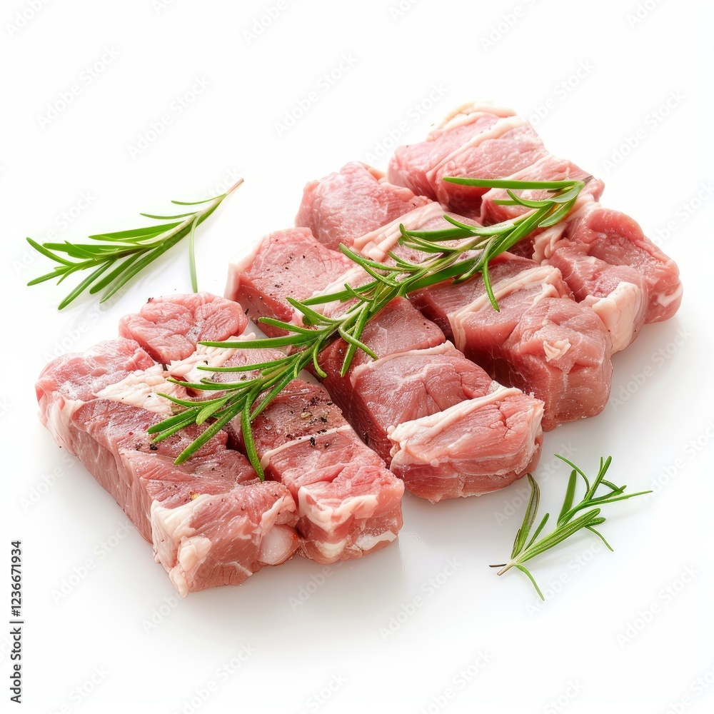 Raw meat cubes seasoned with pepper and rosemary ready for grilling Raw meat cubes seasoned with pepper and rosemary ready for grilling