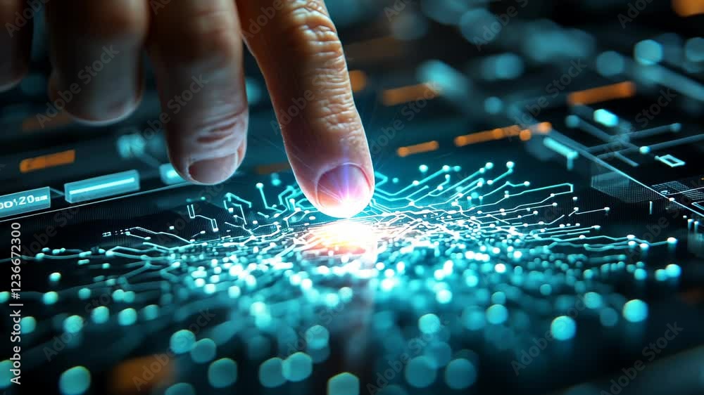Close-up of a finger touching a glowing circuit board with digital effects Close-up of a finger touching a glowing circuit board with digital effects