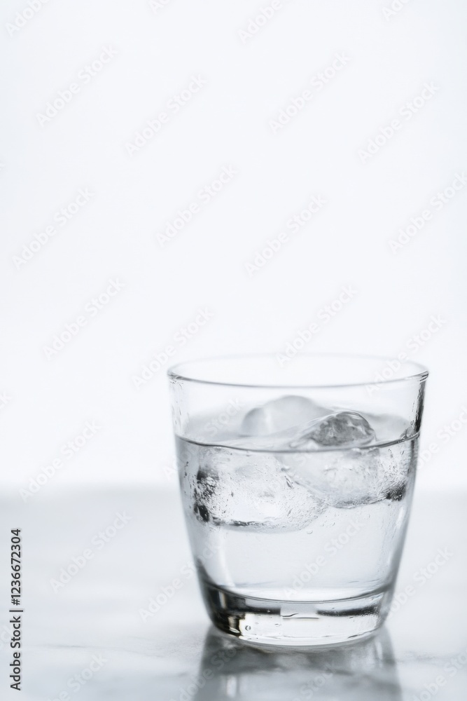 Refreshing glass of cold water with ice cubes against a minimalist white backdrop creating a serene atmosphere Refreshing glass of cold water with ice cubes against a minimalist white backdrop creating a serene atmosphere