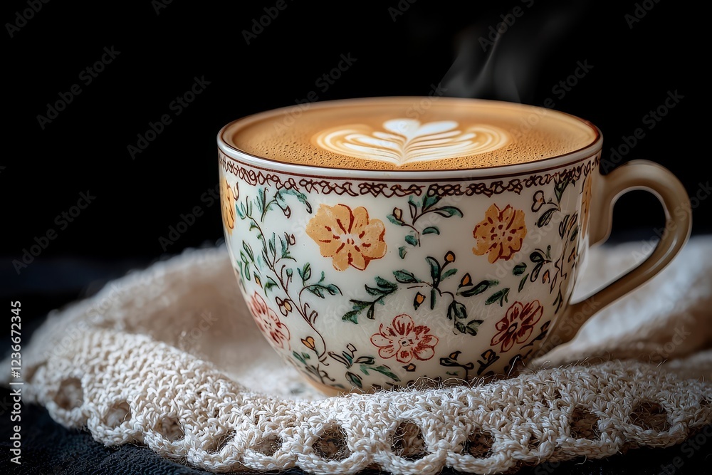 Fototapeta premium Steaming Vintage Porcelain Cup with Floral Patterns on Lace Tablecloth