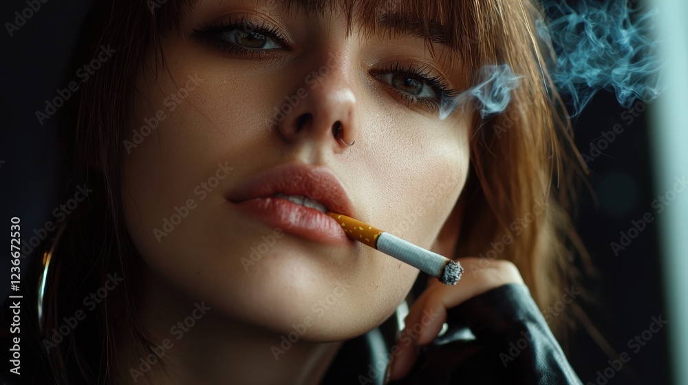 Obraz premium A woman is smoking a cigarette and the smoke is visible