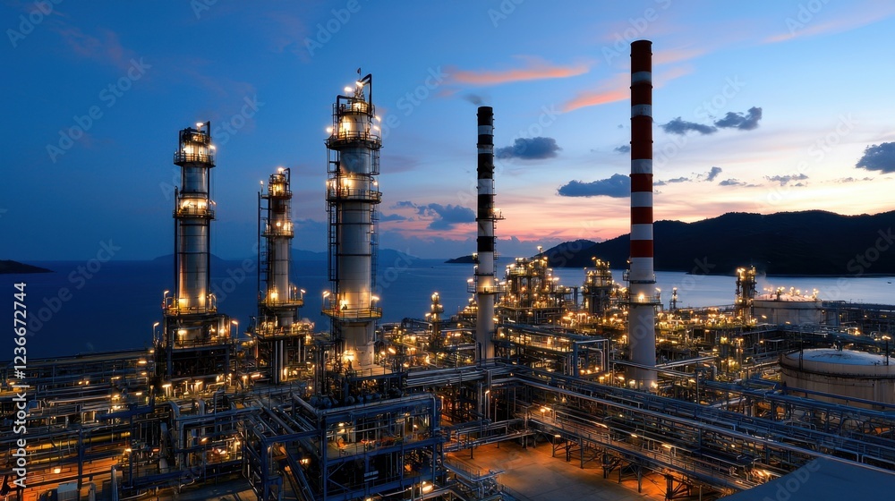 A large industrial plant with a large body of water in the background A large industrial plant with a large body of water in the background