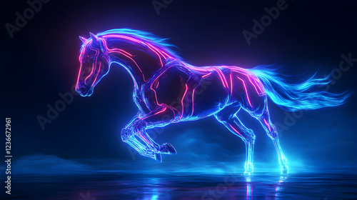 A stunning cybernetic horse with neon lights, futuristic biomechanical details, and a glowing sci-fi aesthetic, set in a high-tech cyberpunk world, ultra-realistic digital art.
