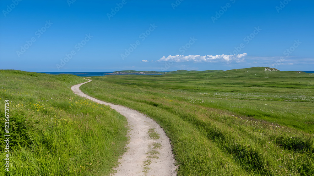 Coastal path winding through green hills, ocean view, sunny day, travel brochure Coastal path winding through green hills, ocean view, sunny day, travel brochure