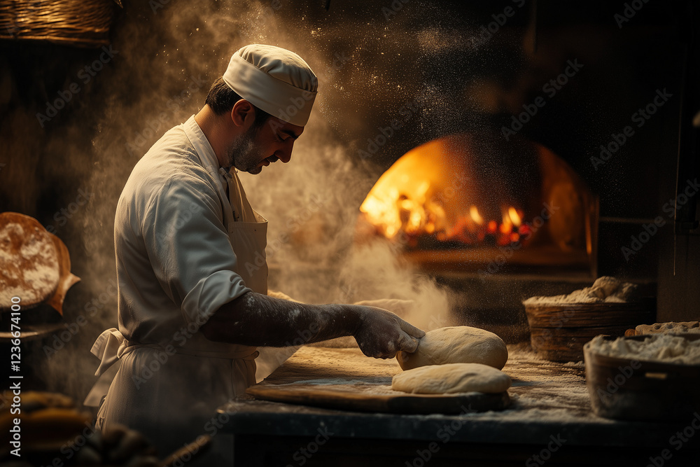 A chef preparing pizza dough in a wood-fired pizzeria. Ideal for culinary and food-related content showcasing cooking skills in an authentic kitchen setting. A chef preparing pizza dough in a wood-fired pizzeria. Ideal for culinary and food-related content showcasing cooking skills in an authentic kitchen setting.