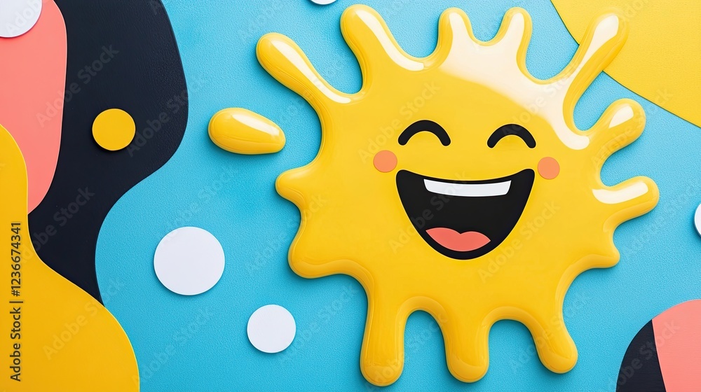 Fototapeta premium Surreal melting laughing emoji in vibrant colors surrounded by abstract shapes and patterns creating a unique artistic expression