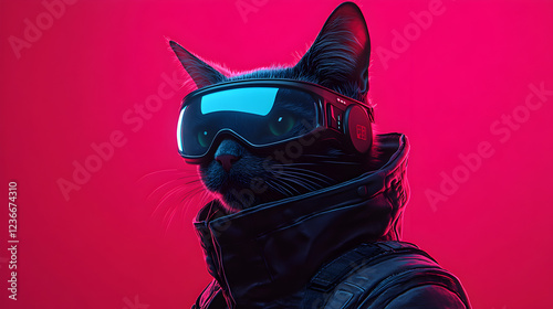 A cybernetic cat with sleek augmented reality glasses, glowing LED eyes, and a high-tech neon-lit cyberpunk environment reflecting in its digital fur