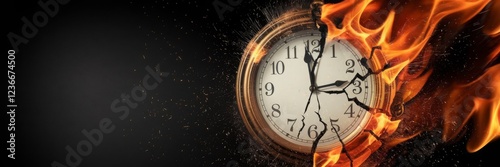 Time Running Out, A Burning Clock on a Black Background, Symbolizing Time Dissolution, Urgency, Time Management, Deadlines, and the Fragility of Time.
