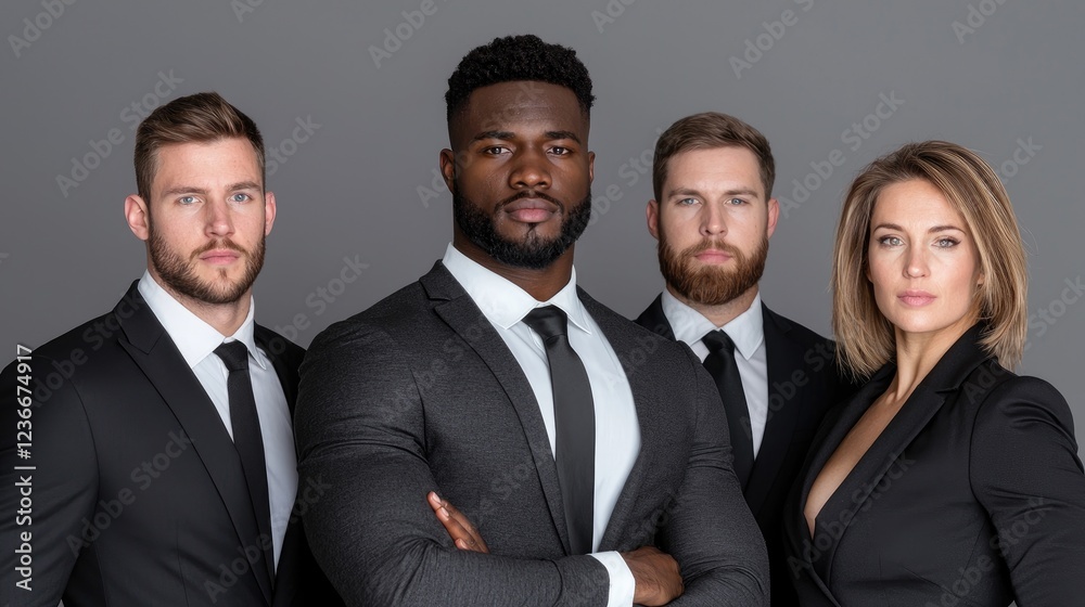 Diverse business team portrait, serious expressions, grey background, corporate success Diverse business team portrait, serious expressions, grey background, corporate success