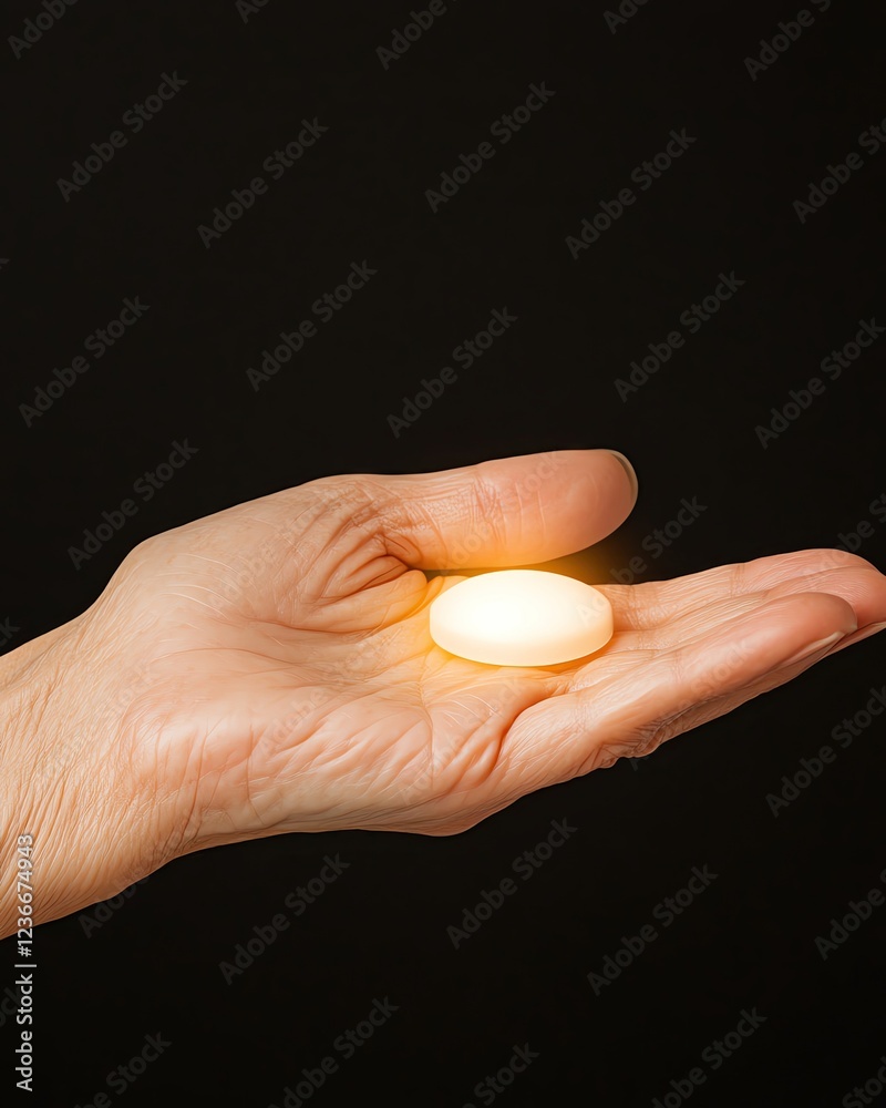 Pure and chemical-free skincare Hand holding a glowing oval object in darkness. skincare apply