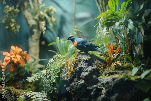 A bird perched on a rocky surface in a museum habitat display, with lush green plants and a natural setting.
 photo