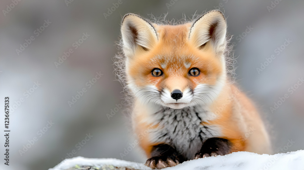 Fototapeta premium Cute fox kit in snowy winter woodland