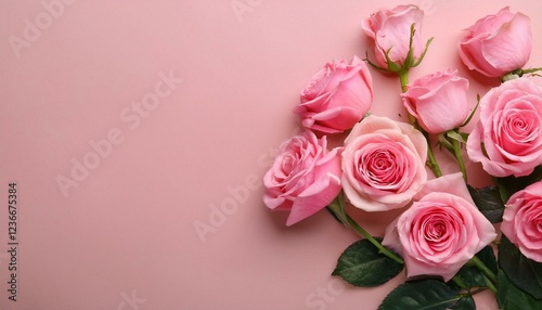 Beautiful composition with pink roses on color background