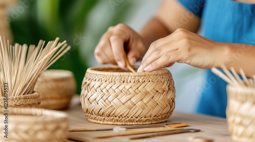 Traditional basket weaving with colorful natural fibers showcasing skill and craftsmanship in a cultural setting
