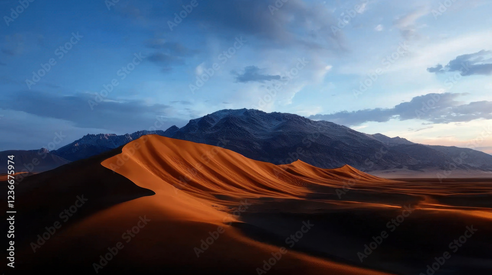 Naklejka premium A desert landscape with a mountain in the background