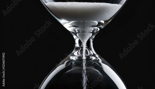 Close up of hourglass with white sand and copy space on black background. Time, timekeeping, shape and colour concept.