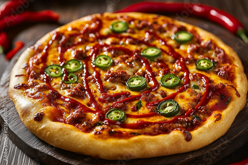 A spicy pizza topped with jalapeños and chorizo, offering a bold and fiery flavor profile, perfect for spicy food lovers.

