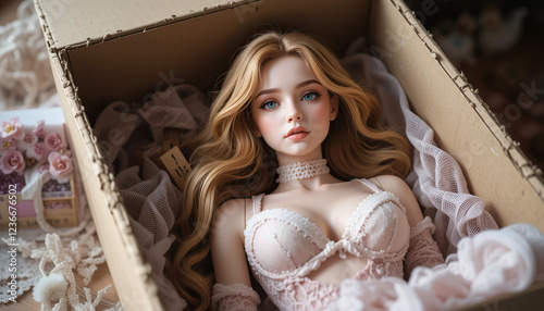 Unpacking realistic sex doll in cardboard box photo