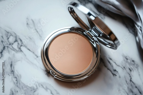 Beige face powder in an open silver compact lying on a marble surface, suggesting beauty and makeup preparation