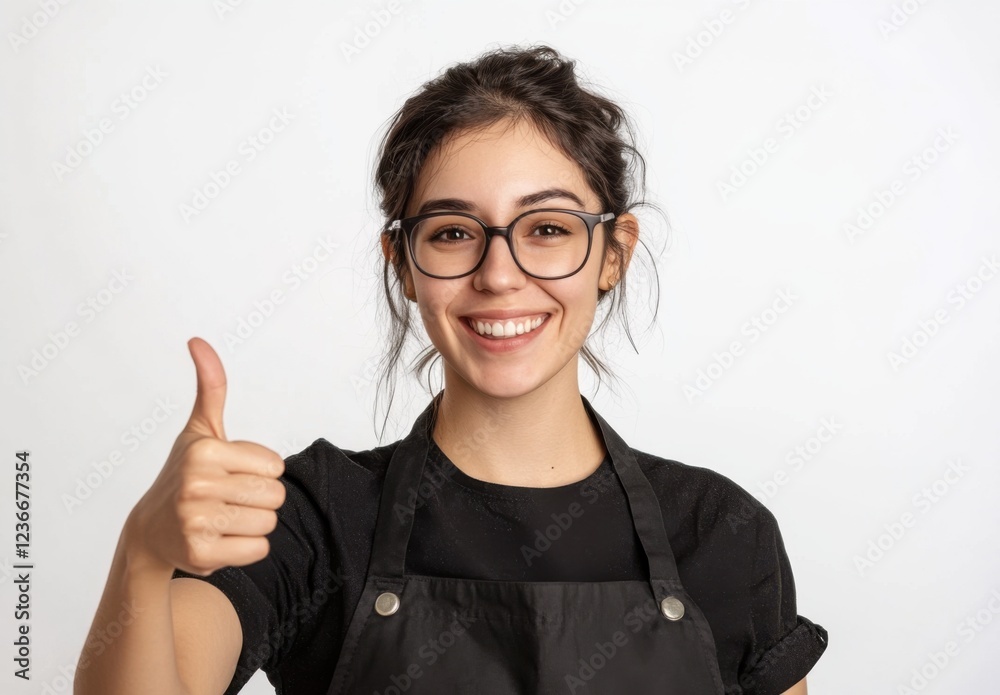 Happy Young Woman in Apron Giving Thumbs Up, Positive Feedback, Excellent Service, Customer Satisfaction, Friendly Worker, Cheerful Employee, Smiling Face, Positive Attitude Happy Young Woman in Apron Giving Thumbs Up, Positive Feedback, Excellent Service, Customer Satisfaction, Friendly Worker, Cheerful Employee, Smiling Face, Positive Attitude