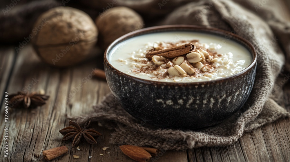 Fototapeta premium A beautifully arranged bowl of warm porridge with cinnamon and nuts, set on a rustic wooden table with soft natural light