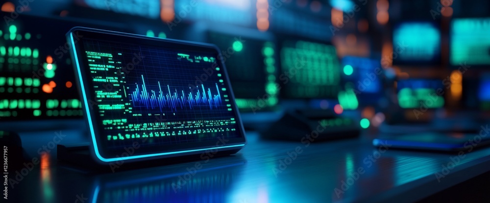 Advanced data analysis on digital screens in a high tech control environment with glowing accents Advanced data analysis on digital screens in a high tech control environment with glowing accents