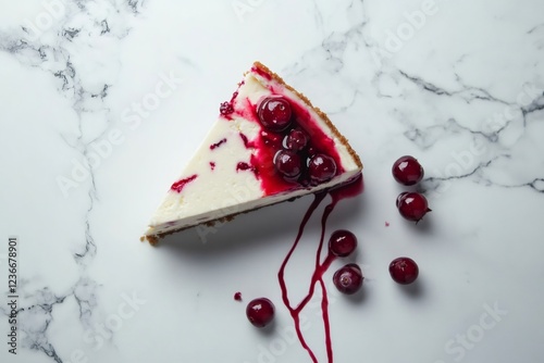 Creamy cheesecake slice featuring cranberry drizzling sauce, resting on marble surface, enticing dessert indulgence photo