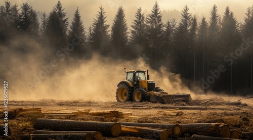 Tractor clearing forest land, dust clouds, logs