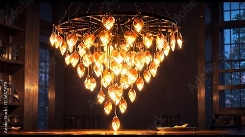 Romantic Heart-Shaped Chandelier with Warm Golden Lighting in Cozy Interior
