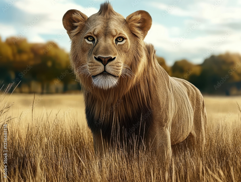 Fototapeta premium Majestic young lion standing in the golden African savanna with intense eyes, symbolizing strength, wilderness, and the beauty of wildlife