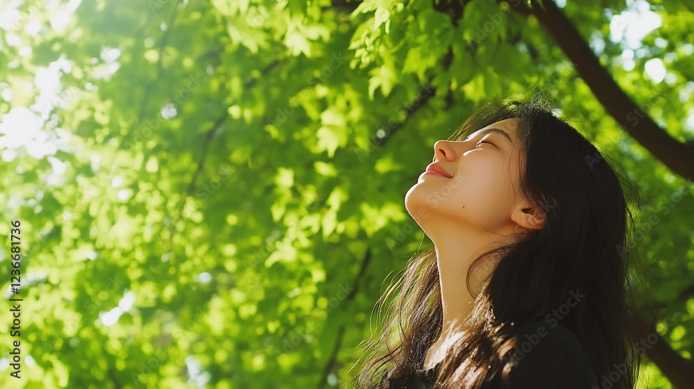 Woman breathes fresh air, park, sunlight, leaves Woman breathes fresh air, park, sunlight, leaves