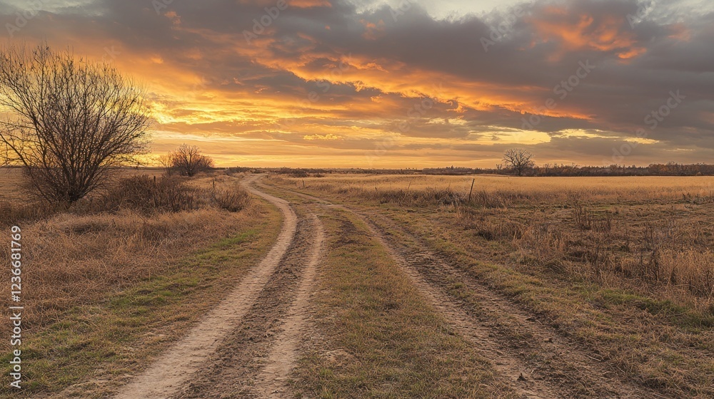 Fototapeta premium Sunset Country Road, Serene Autumnal Landscape