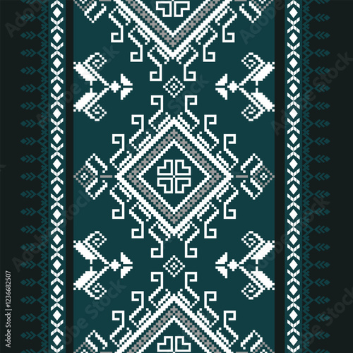 traditional Ukrainian cross-stitch pattern with geometric floral patterns resembling pixels in shades of white, teal and grey.traditional pattern often used to decorate clothing, bedding and textiles.