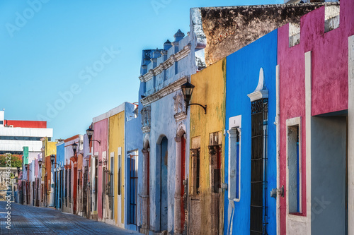 Colorful buildings down a street in Campeche, Mexico