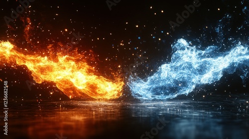 Abstract fire and ice clashing on a reflective surface photo