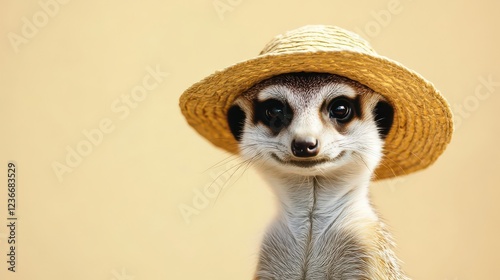 Curious Meerkat Wearing a Straw Hat
