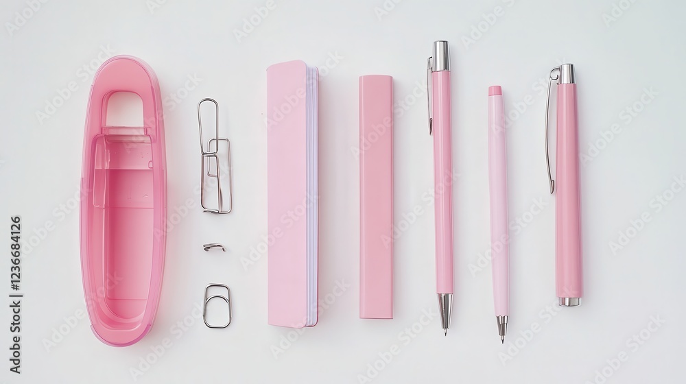 Office stationery items arranged neatly on a light background including clips, a stapler, and a notebook in bright colors for an organized workspace Office stationery items arranged neatly on a light background including clips, a stapler, and a notebook in bright colors for an organized workspace