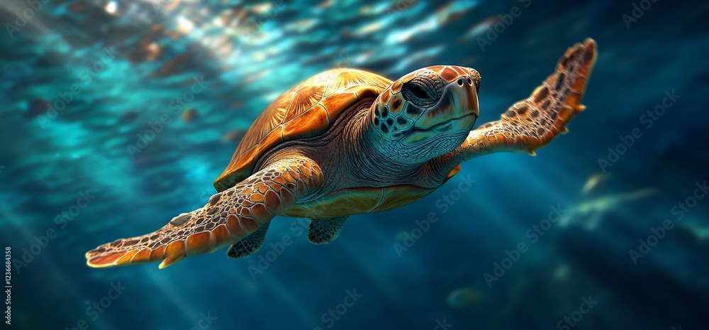 Fototapeta premium Majestic sea turtle gracefully gliding through the clear blue ocean waters