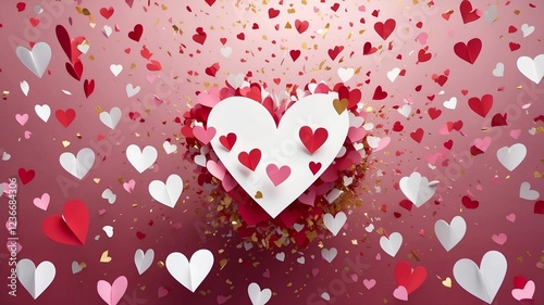 Romantic Paper Hearts Explosion with Gold Confetti on Pink Background
