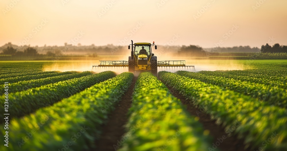 Tractor spraying crops at sunset in a vast agricultural field. (1) Tractor spraying crops at sunset in a vast agricultural field. (1)