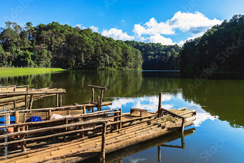 Beautiful destination nature lake and forest of Pang Oung lake and pine forest in Mae Hong Son, Thailand. Nature landscape. Environmental friendly outdoor activity and camping surrounded by valley. photo