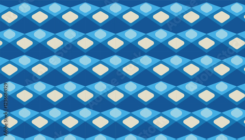 A geometric pattern with a focus on diamond shapes and a monochromatic color scheme combining blue and gray