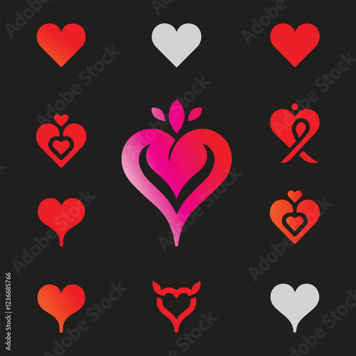 Vectors in love shape  or logo or icon in different shapes and different design in red color