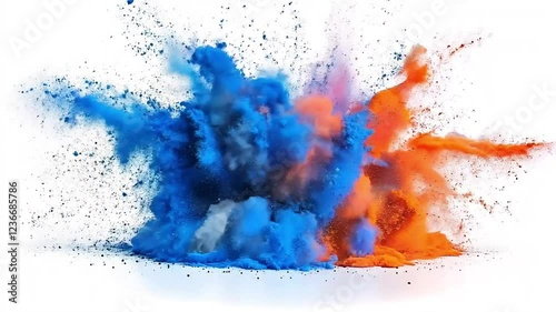 Blue and orange powder explosion on white background