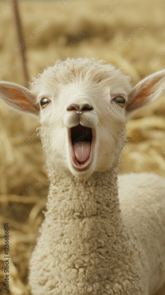 Obraz premium Yawning lamb in hay field, farm animal portrait, rural background, agricultural use.