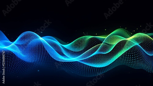 An abstract representation of sound waves, featuring smooth, flowing curves in vibrant shades of blue and green against a black background.
